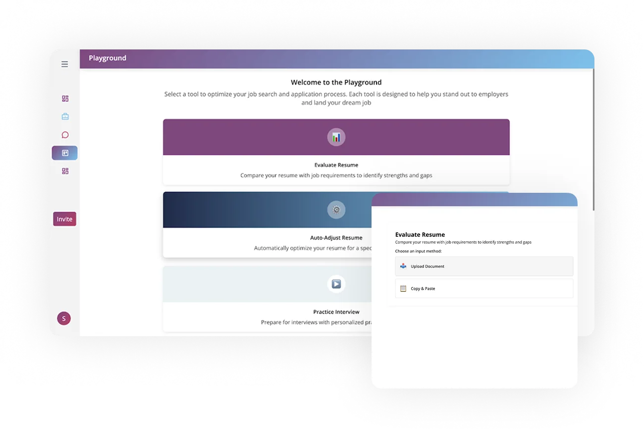 AI-powered job search tools interface displaying options to evaluate resumes, auto-adjust resumes, and practice interviews, emphasizing features for optimizing job applications.